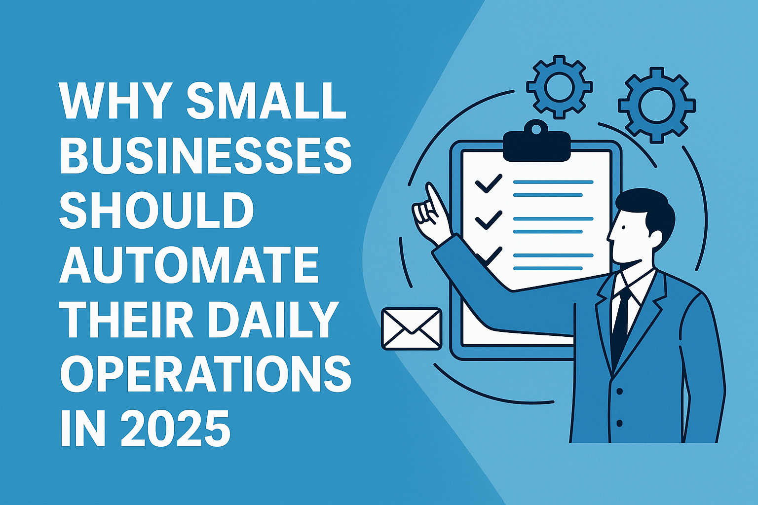 Illustration of a business professional pointing at a checklist clipboard beside gears and an envelope, with the text 'Why Small Businesses Should Automate Their Daily Operations in 2025'.
