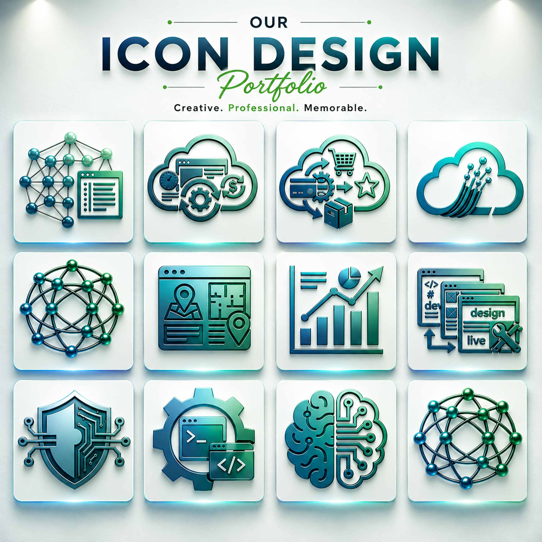 Collection of professionally designed custom application icons, SaaS icons, cloud computing icons, cybersecurity icons, AI icons, analytics icons, and technology branding icons.