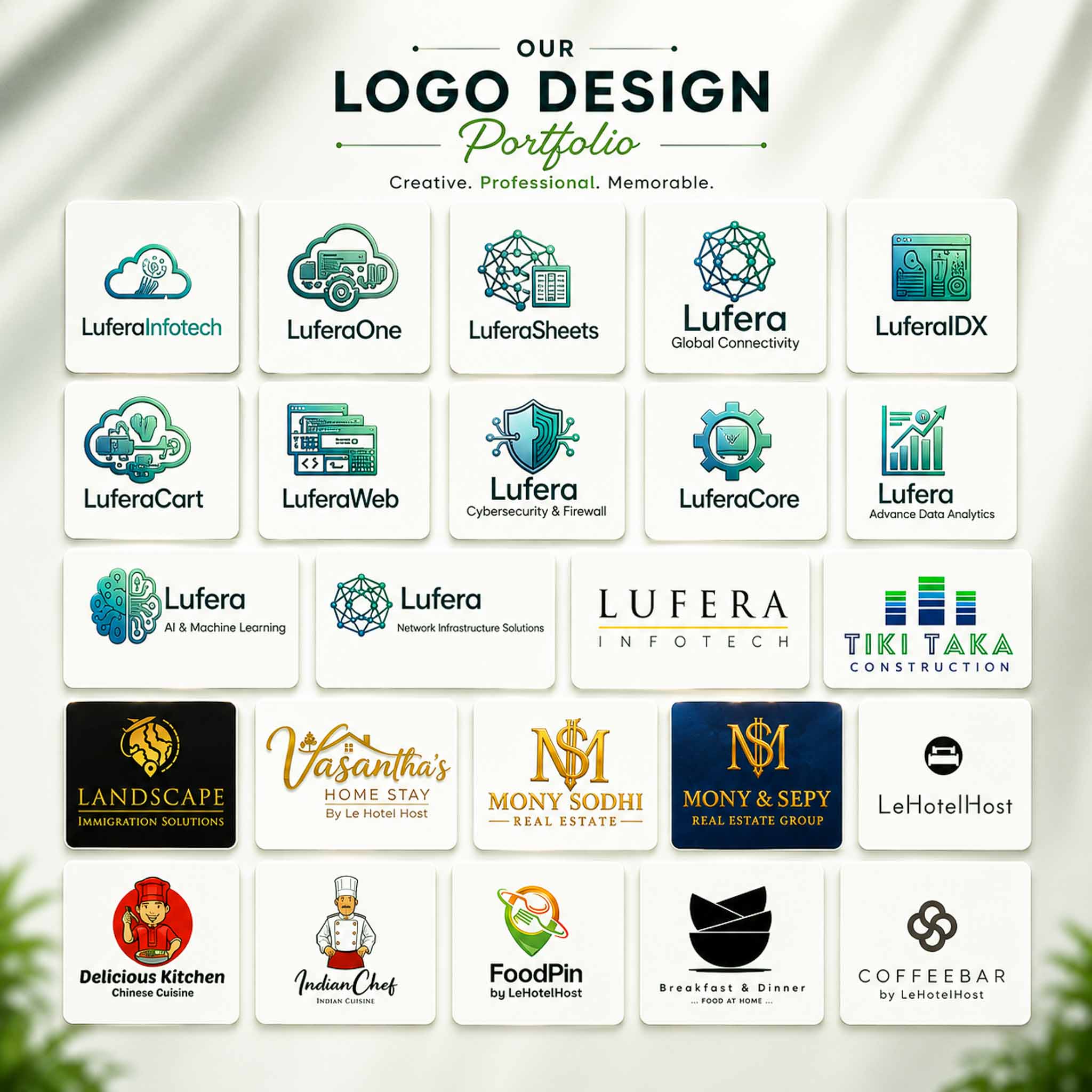 Portfolio showcasing custom logo designs created by Lufera Infotech for technology, real estate, hospitality, restaurants, immigration, SaaS, and corporate businesses.